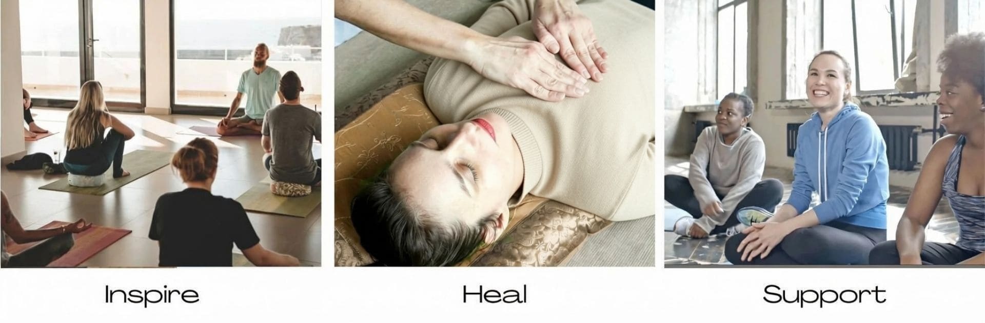 Breathwork instructors teaching a group, guiding a client and supporting students